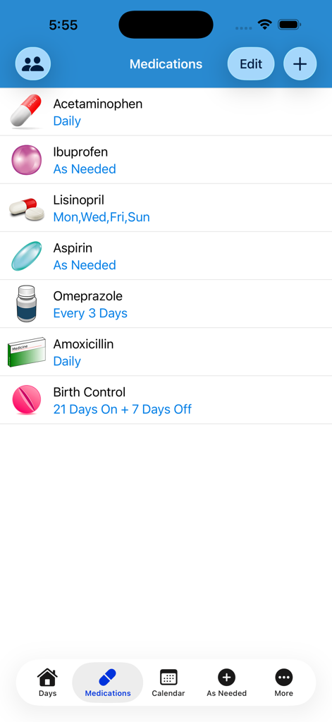 Tela de lista de medicamentos mostrando pílulas agendadas e medicamentos conforme necessário