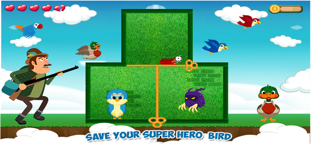 Superhero Bird VS Hunter - A rescue puzzle mini game screen showing a blue superhero bird trapped in a maze near a hunter