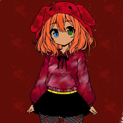 pretty anime girl wearing a fluffy hoodie with bunny ears on the hood and a skirt