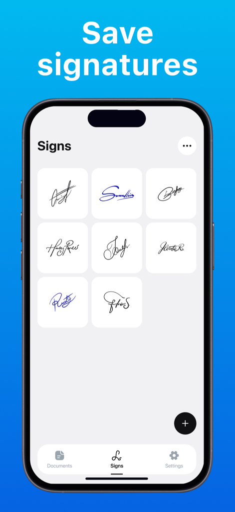 E-signature PDF: sign document - PDF署名のために保存された署名のコレクションを表示するモバイルアプリ画面。