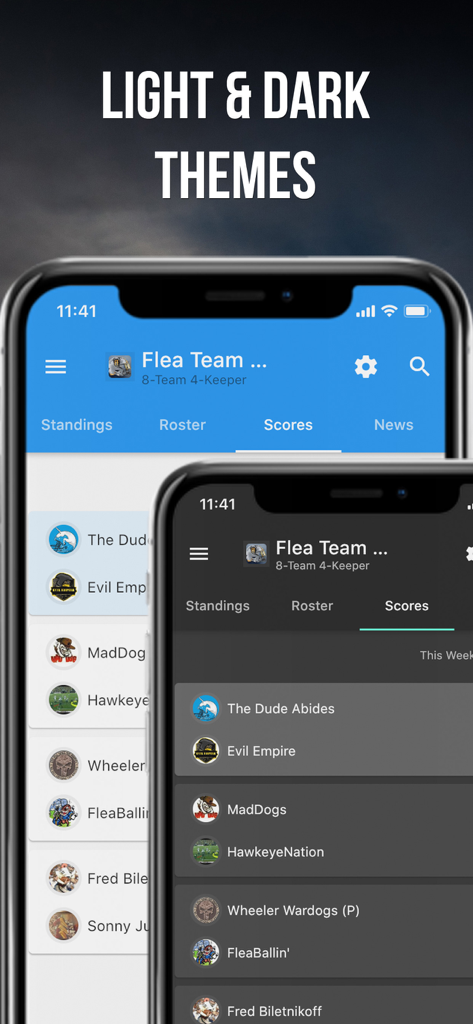 Fleaflicker Fantasy Leagues app interface showing light and dark theme options