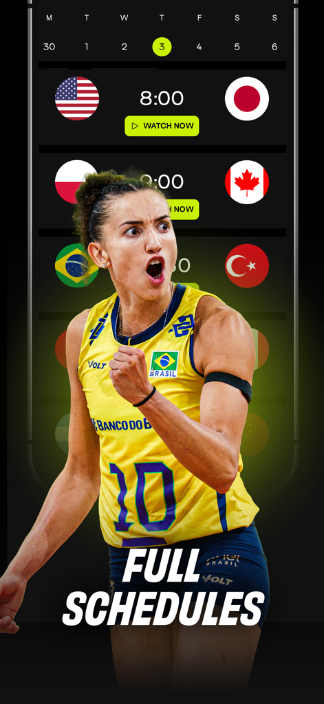 A screenshot of the VBTV app showing international volleyball match schedules and an athlete in a yellow jersey celebrating.