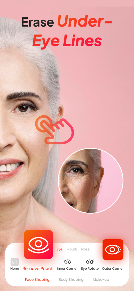 BodyUp: Body Shape Editor - BodyUp app interface for erasing under-eye lines and face retouching