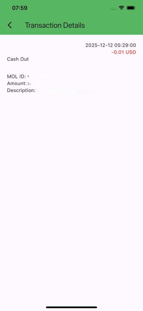 MOL-Pay - MOL-Pay app transaction details screen showing a cash out record