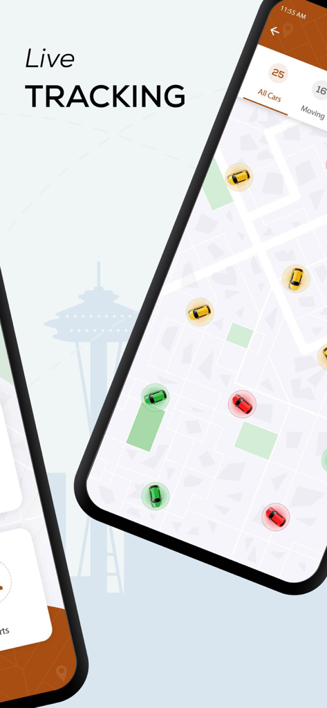 Mux Tech - Mux Tech app interface showing live vehicle tracking with car icons on a city map