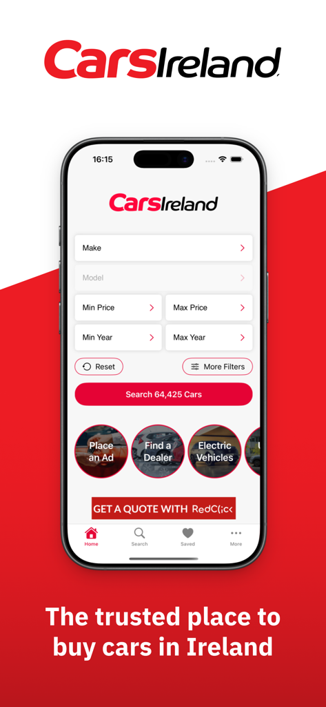 CarsIreland mobile app home screen showing car search filters and dealership services.