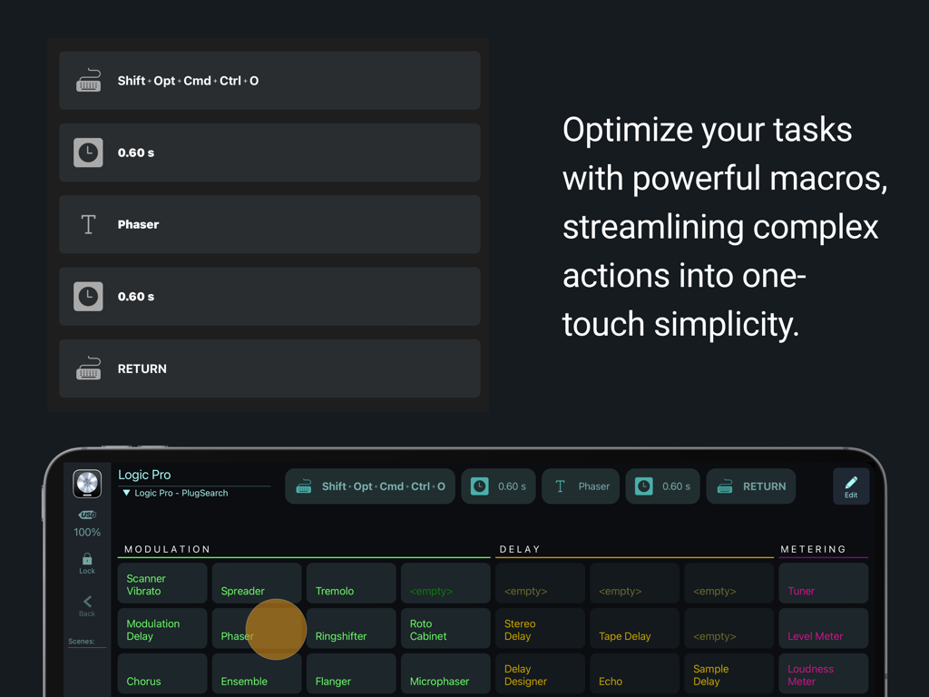 MetaGrid Pro - MetaGrid Pro interface showing a custom macro sequence and touch control surface for Logic Pro on an iPad