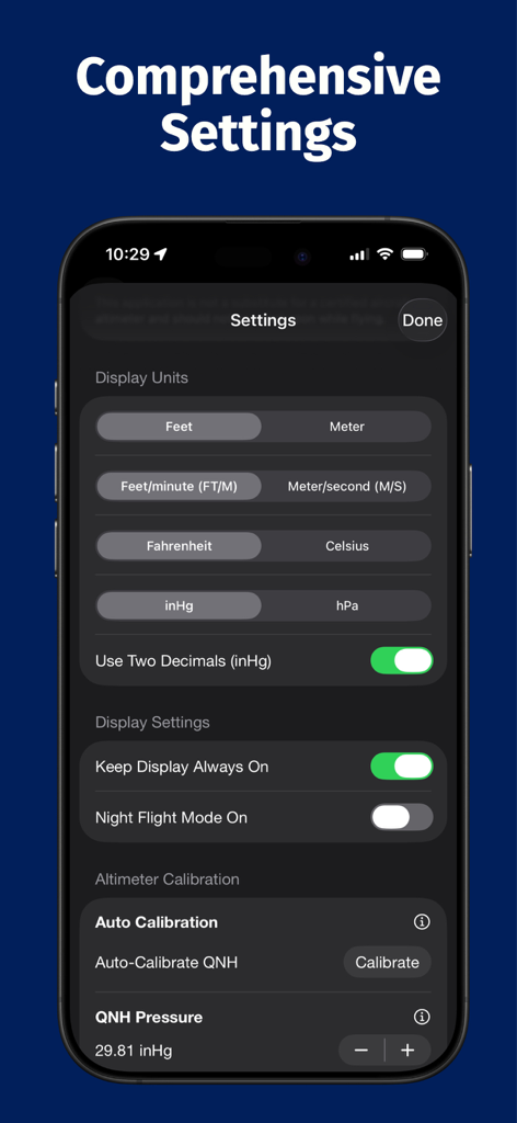 Aviation Altimeter Pro - Aviation Altimeter Pro settings screen showing units selection and altimeter calibration options