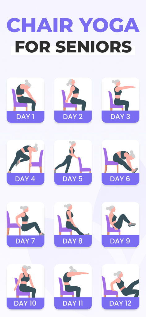 Chair Yoga for Seniors at Home - Un plan de ejercicios de yoga en silla de 12 días para personas mayores que presenta poses diarias ilustradas usando una silla como apoyo