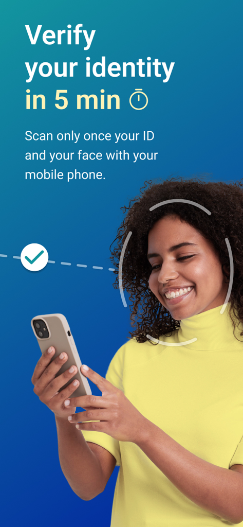 Yris - Mujer verificando su identidad mediante un escaneo facial en la aplicación móvil Yris