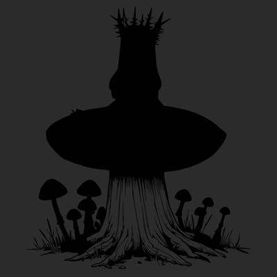 realistic girl sitting on a huge tree stump size toadstool with thorn crown