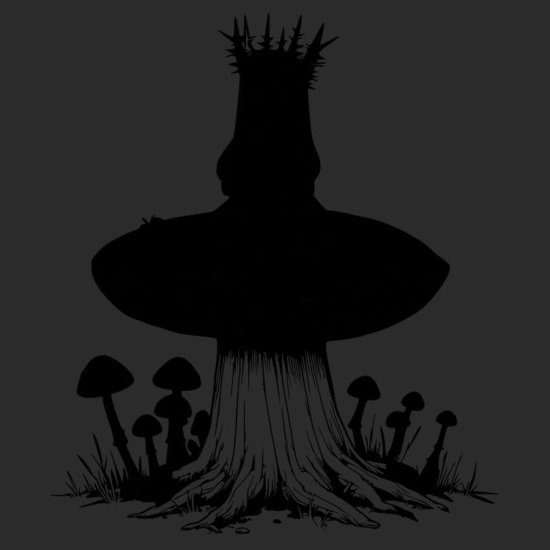realistic girl sitting on a huge tree stump size toadstool with thorn crown