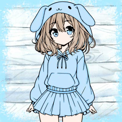 pretty anime girl wearing a fluffy hoodie with bunny ears on the hood and a skirt