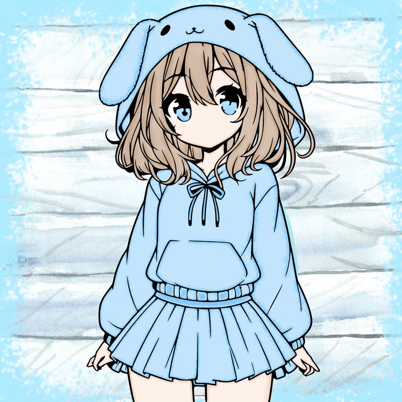 pretty anime girl wearing a fluffy hoodie with bunny ears on the hood and a skirt