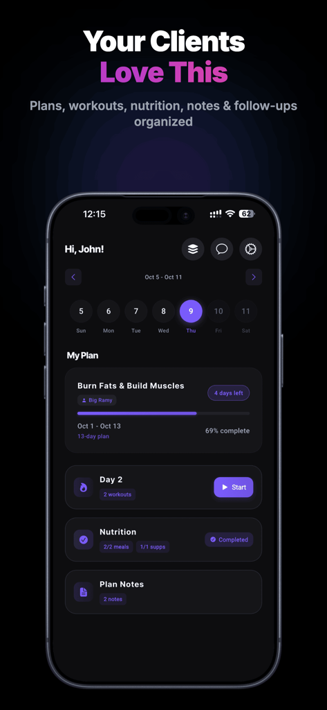 ProCoach: Fitness Coaching App - ProCoach mobile app dashboard for clients displaying daily workout schedules and nutrition progress