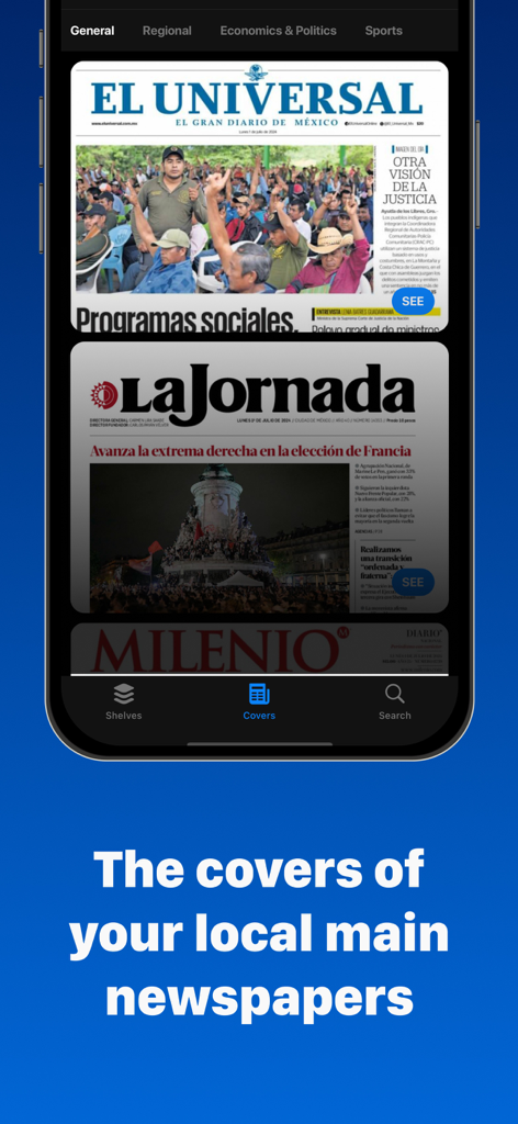 Mexican Newspapers - Screenshot of the Mexican Newspapers app showing front page covers from major newspapers like El Universal and La Jornada