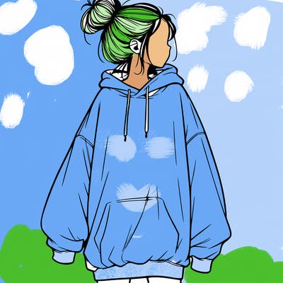 realistic girl with a oversized sweatshirt on and a bun
