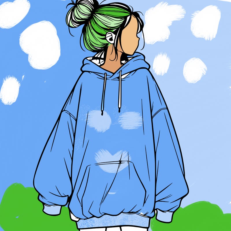 realistic girl with a oversized sweatshirt on and a bun