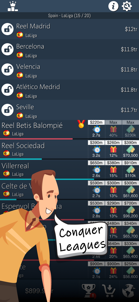 Idle Football Tycoon - Idle Football Tycoon gameplay showing a list of Spanish league clubs to buy and upgrade