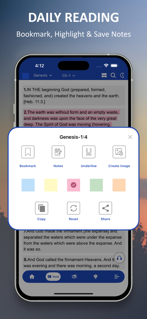 Screenshot of the Amplified Bible app showing verse highlighting, bookmarking, and note-taking options for Genesis 1:4.