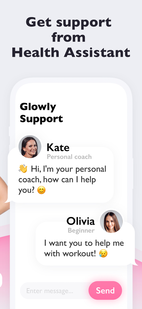 Glowly: Face & Body Workouts - Glowly app chat interface showing a personal coach health assistant offering workout support to a user