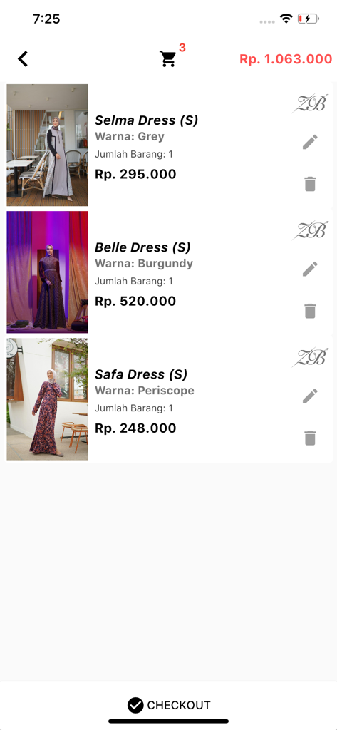 ZB - Shopping cart screen in the ZB app featuring a list of modest dresses with prices and a checkout button.