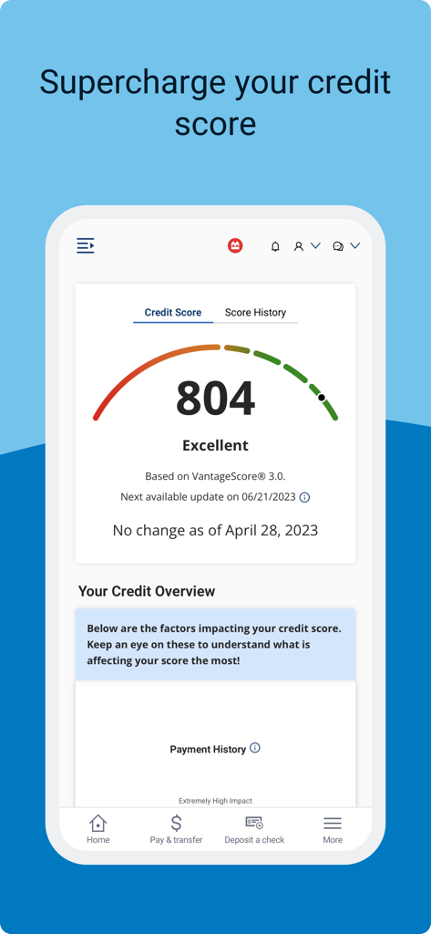 BMO Digital Banking app displaying an excellent credit score of 804 with a visual gauge and credit overview