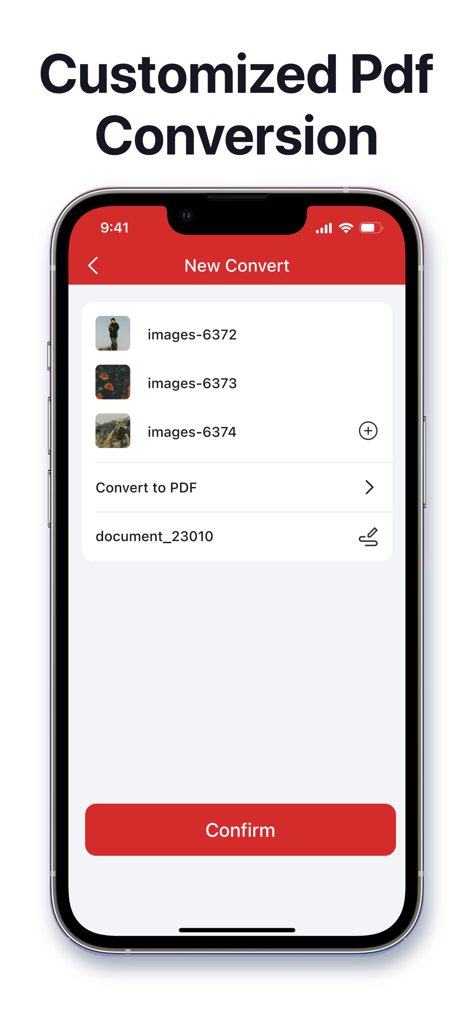 PDF Converter © - PDFコンバーターアプリのスクリーンショット。画像を選択してPDFファイルに変換するためのインターフェースが表示されています。