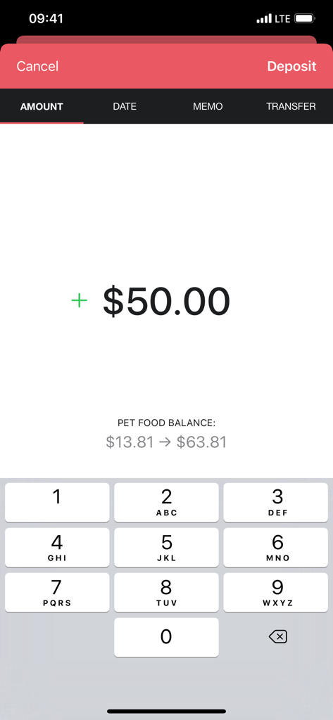 Envelopes: Budget Manager - Mobile app interface showing a fifty dollar deposit into a pet food budget envelope category.