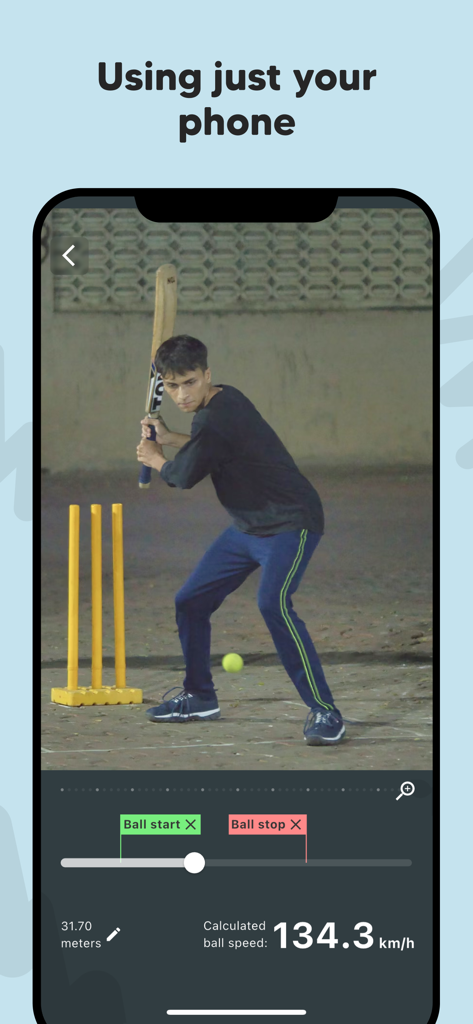 A mobile app interface calculating a cricket ball speed of 134.3 km/h using video frame analysis on a smartphone.