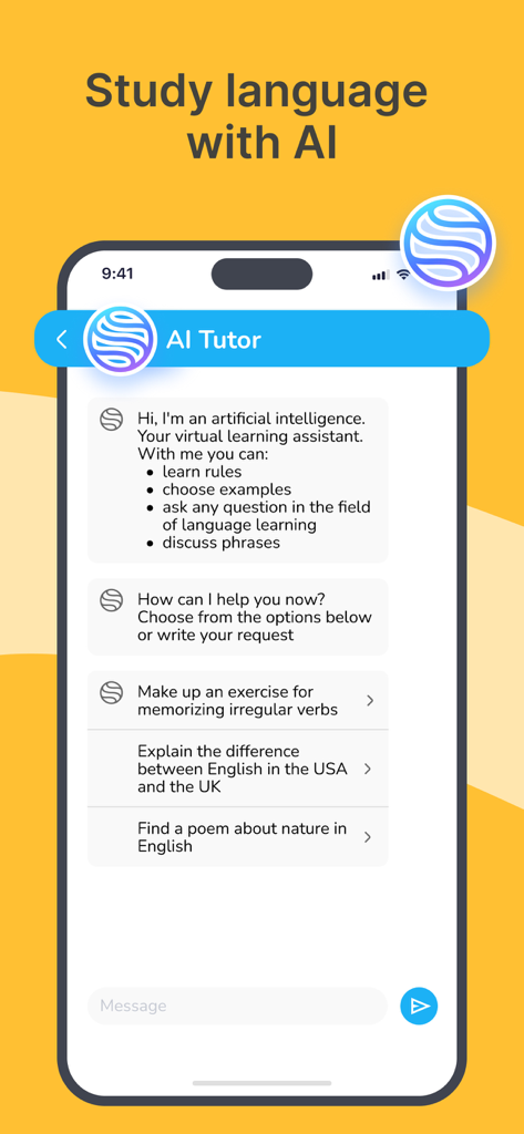 AI French Minute - AI French Minute app screenshot showing the AI Tutor chat interface with options to study grammar and practice vocabulary.