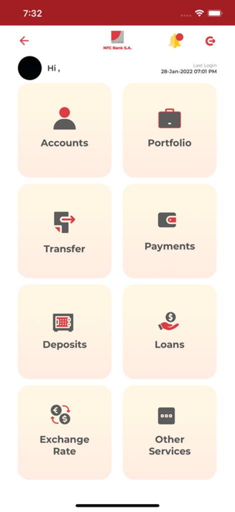 NFC Bank mobile app dashboard with icons for accounts portfolio transfers payments and loans