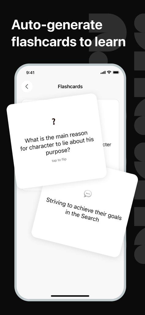 Whynote app screen displaying auto-generated study flashcards on an iPhone