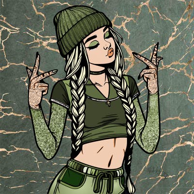 realistic teenage girl with braids and a beanie and crop top doing 🫶🏼