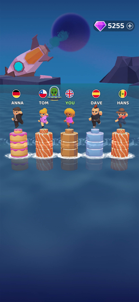Words to Win - Guess Words - Juego de palabras multijugador competitivo con personajes en plataformas elevadas en el océano.