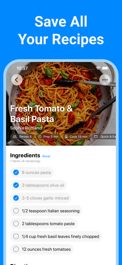 Recipes: Recipe Keeper - A smartphone screen displaying a fresh tomato and basil pasta recipe with an ingredient checklist in the Recipes app