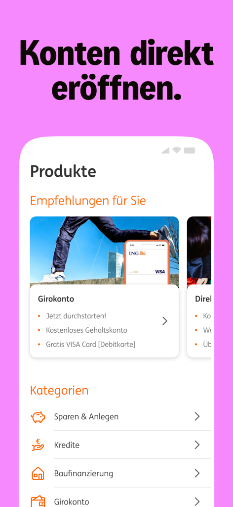 A mobile interface for the ING Deutschland app showing various banking products like checking accounts and savings options