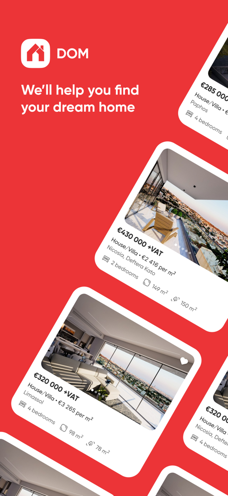 Mobile app interface for DOM Real Estate showing luxury property listings in Cyprus including villas in Limassol and Paphos with prices