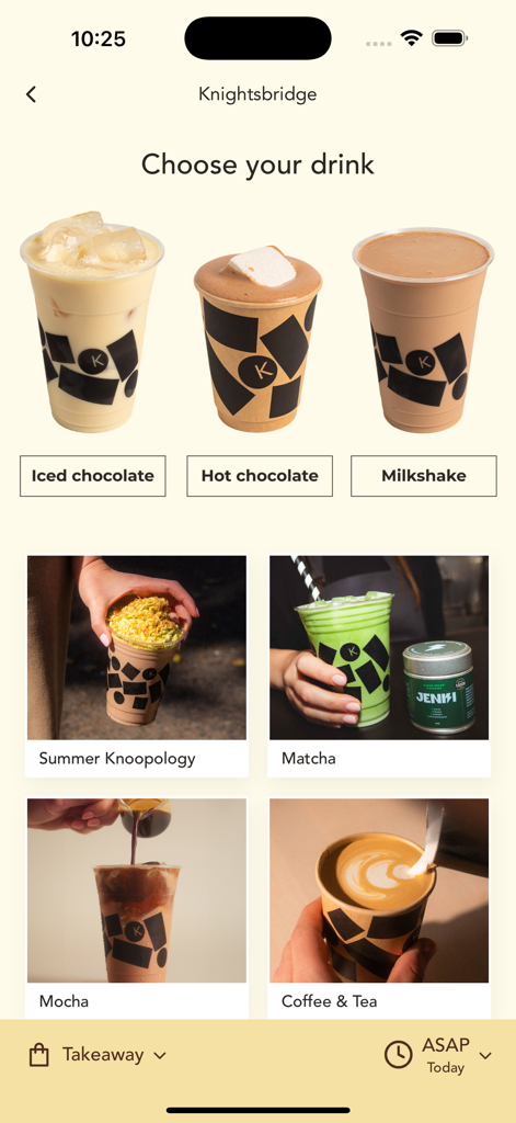 Knoops mobile app interface showing various drink options including iced chocolate hot chocolate and milkshake