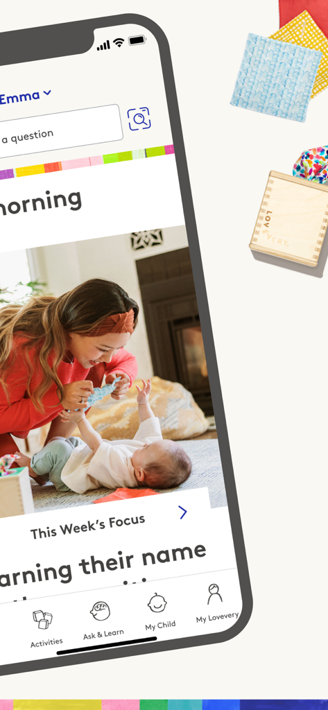 Lovevery mobile app interface displaying developmental activities and parenting tips for babies and toddlers.