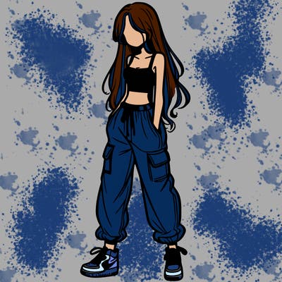 girl in baggy pants crop top and long hair
