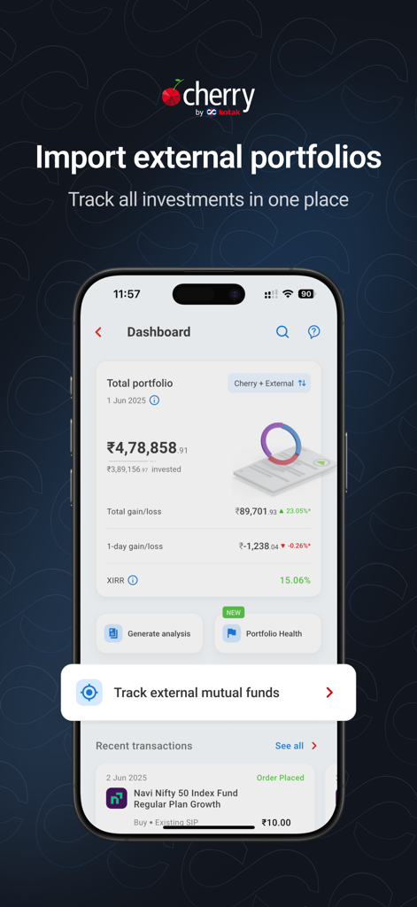 Kotak Cherry: MFs, SIPs - Kotak Cherry app dashboard showing investment portfolio summary and the option to track external mutual funds.