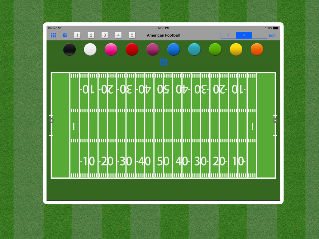 Magnet Boards app showing an American football field layout on an iPad with colorful circular magnets for tactical planning.