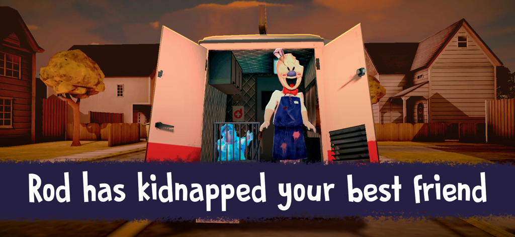 Rod the ice cream man standing in front of his van with a kidnapped child in a cage