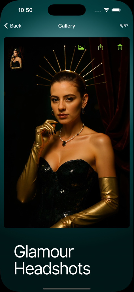 BetterPics Studio Photoshoot - High quality AI generated glamour headshot of a woman with gold accessories and a crown