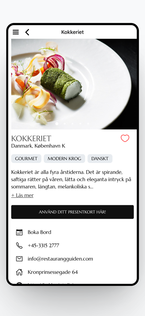 RestaurangGuiden's Gift Card - RestaurangGuiden Gift Card app showing a gourmet restaurant profile for Kokkeriet in Copenhagen.