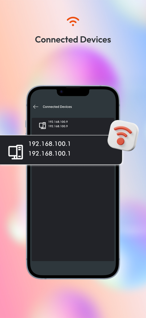 WifiLink: Share WiFi - Pantalla de smartphone de la aplicación WifiLink que muestra una lista de dispositivos conectados a una red con direcciones IP.