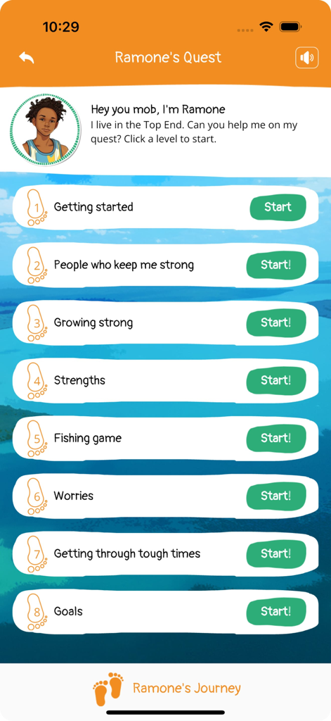 Ein Screenshot der AIMhi-Y-App, der den Bildschirm von Ramones Quest mit acht interaktiven Levels zeigt, die sich auf psychische Gesundheit und Wohlbefinden konzentrieren.