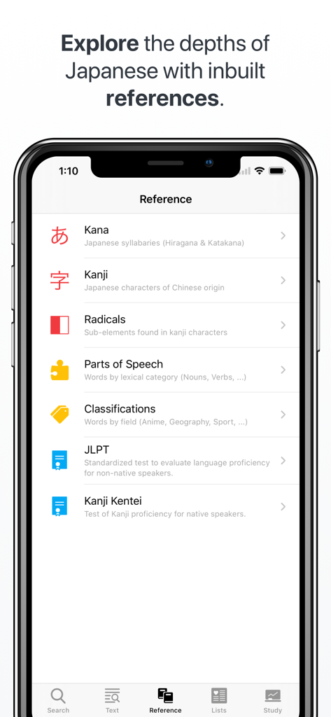 Japanese - Japanese language study app reference screen with categories for Kanji Kana and JLPT