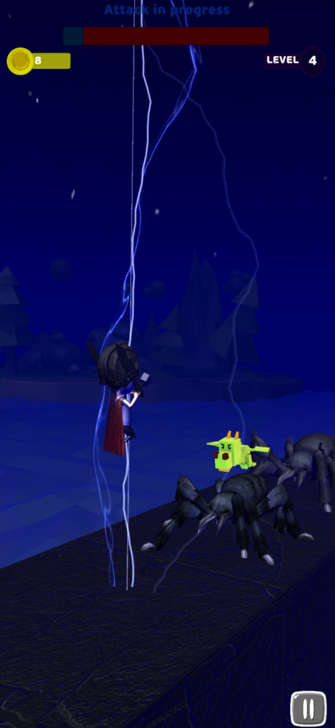 Young Thor - Young Thor character flying and striking spider and dragon enemies with blue lightning bolts.